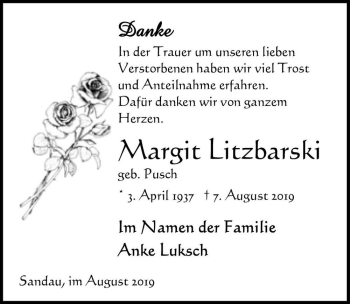 Traueranzeige von Margit Litzbarski (geb. Pusch)  von Magdeburger Volksstimme