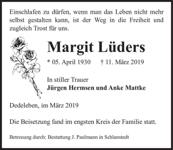 Traueranzeige von Margit Lüders  von Magdeburger Volksstimme
