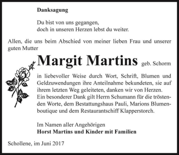 Traueranzeige von Margit Martins (geb. Schorm)  von Magdeburger Volksstimme