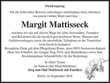 Traueranzeige von Margit Mattisseck  von Magdeburger Volksstimme