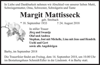 Traueranzeige von Margit Mattisseck (geb. Strobach)  von Magdeburger Volksstimme