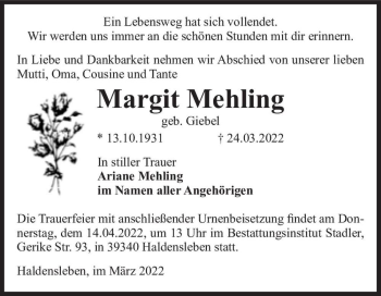 Traueranzeige von Margit Mehling (geb. Giebel)  von Magdeburger Volksstimme