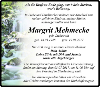 Traueranzeige von Margit Mehmecke (geb. Liebetruth)  von Magdeburger Volksstimme