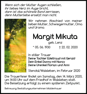 Traueranzeige von Margit Mikuta (geb. Lenz)  von Magdeburger Volksstimme