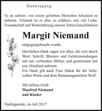 Traueranzeige von Margit Niemand  von Magdeburger Volksstimme