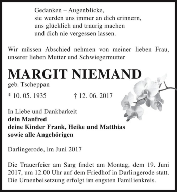 Traueranzeige von Margit Niemand (geb. Tscheppan)  von Magdeburger Volksstimme