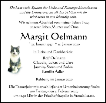 Traueranzeige von Margit Oelmann  von Magdeburger Volksstimme