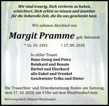 Traueranzeige von Margit Pramme (geb. Behrendt)  von Magdeburger Volksstimme