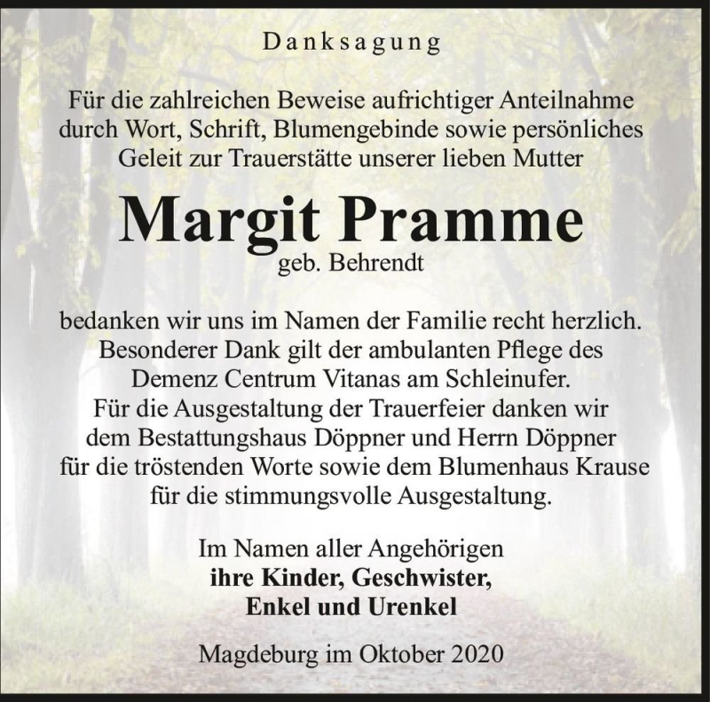  Traueranzeige für Margit Pramme (geb. Behrendt)  vom 30.10.2020 aus Magdeburger Volksstimme