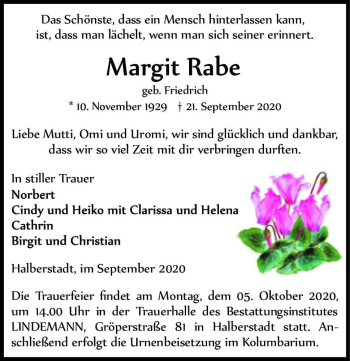 Traueranzeige von Margit Rabe (geb. Friedrich)  von Magdeburger Volksstimme
