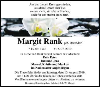 Traueranzeige von Margit Rank (geb. Dorendorf)  von Magdeburger Volksstimme