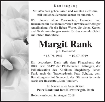 Traueranzeige von Margit Rank (geb. Dorendorf)  von Magdeburger Volksstimme