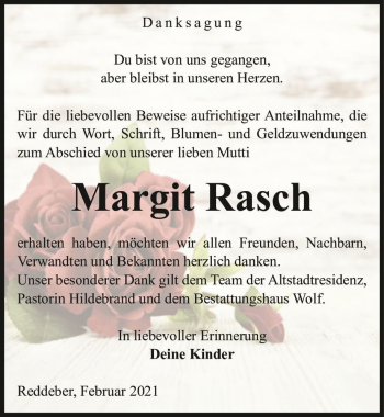 Traueranzeige von Margit Rasch  von Magdeburger Volksstimme