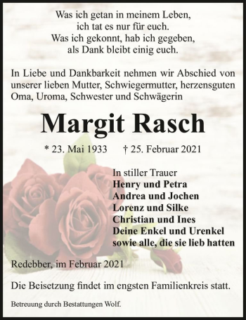 Traueranzeige von Margit Rasch  von Magdeburger Volksstimme