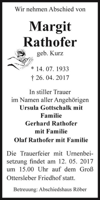 Traueranzeige von Margit Rathofer (geb. Kurz)  von Magdeburger Volksstimme