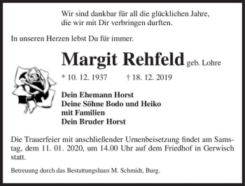 Traueranzeige von Margit Rehfeld (geb. Lohre)  von Magdeburger Volksstimme