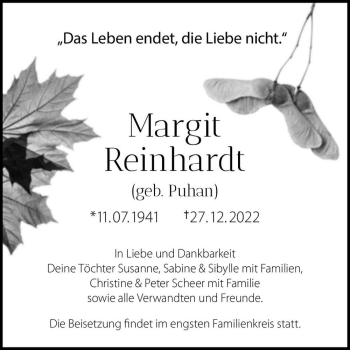 Traueranzeige von Margit Reinhardt (geb. Puhan)  von Magdeburger Volksstimme