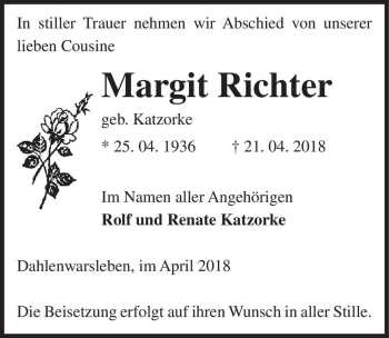 Traueranzeige von Margit Richter (geb. Katzorke)  von Magdeburger Volksstimme