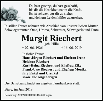 Traueranzeige von Margit Riechert (geb. Hille)  von Magdeburger Volksstimme