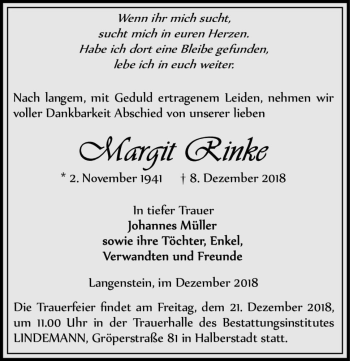 Traueranzeige von Margit Rinke  von Magdeburger Volksstimme