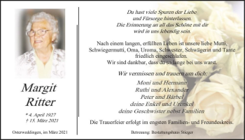 Traueranzeige von Margit Ritter  von Magdeburger Volksstimme