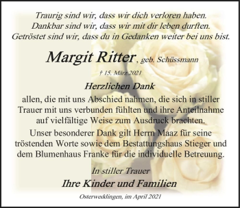 Traueranzeige von Margit Ritter (geb. Schüssmann)  von Magdeburger Volksstimme