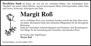 Traueranzeige von Margit Roß  von Magdeburger Volksstimme