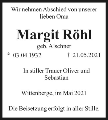 Traueranzeige von Margit Röhl (geb. Alschner)  von Magdeburger Volksstimme
