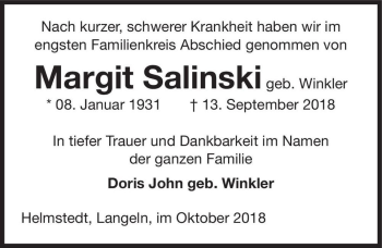 Traueranzeige von Margit Salinski (geb. Winkler)  von Magdeburger Volksstimme