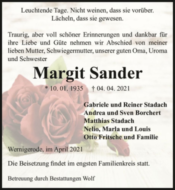 Traueranzeige von Margit Sander  von Magdeburger Volksstimme