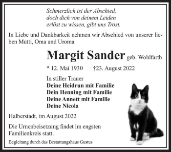 Traueranzeige von Margit Sander (geb. Wohlfarth)  von Magdeburger Volksstimme