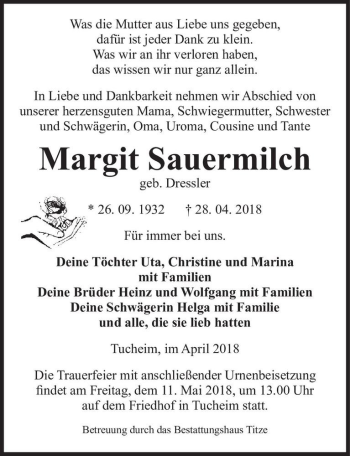 Traueranzeige von Margit Sauermilch (geb. Dressler)  von Magdeburger Volksstimme
