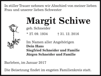 Traueranzeige von Margit Schiwe (geb. Schneider)  von Magdeburger Volksstimme