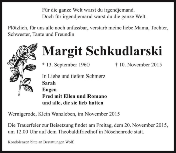Traueranzeige von Margit Schkudlarski  von Magdeburger Volksstimme