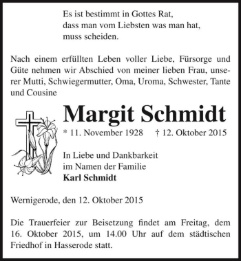 Traueranzeige von Margit Schmidt  von Magdeburger Volksstimme