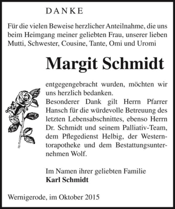 Traueranzeige von Margit Schmidt  von Magdeburger Volksstimme