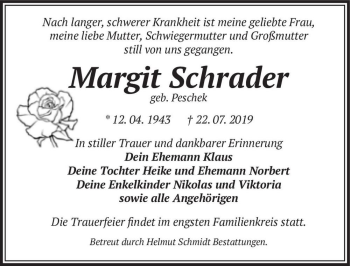 Traueranzeige von Margit Schrader (geb. Peschek)  von Magdeburger Volksstimme