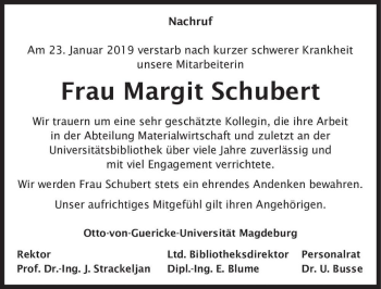 Traueranzeige von Margit Schubert  von Magdeburger Volksstimme