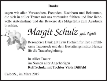 Traueranzeige von Margit Schulz (geb. Neidt)  von Magdeburger Volksstimme