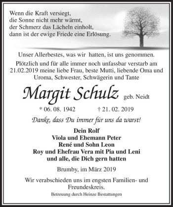 Traueranzeige von Margit Schulz (geb. Neidt)  von Magdeburger Volksstimme