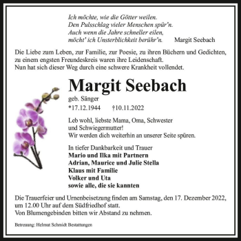 Traueranzeige von Margit Seebach (geb. Sänger)  von Magdeburger Volksstimme