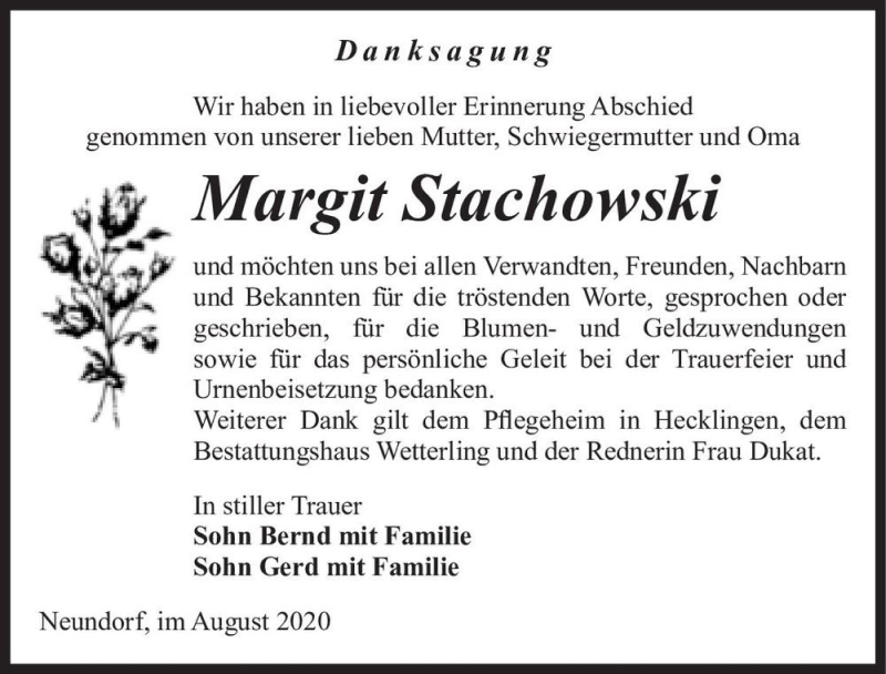  Traueranzeige für Margit Stachowski  vom 15.08.2020 aus Magdeburger Volksstimme