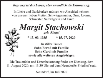 Traueranzeige von Margit Stachowski (geb. Ringel)  von Magdeburger Volksstimme