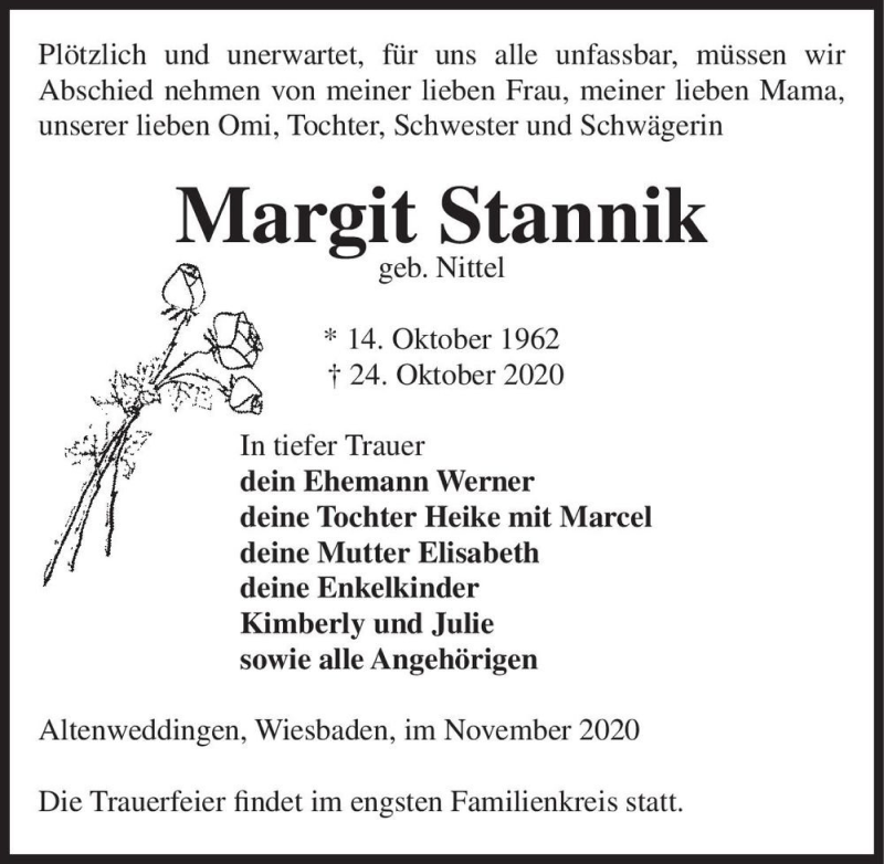  Traueranzeige für Margit Stannik (geb. Nittel)  vom 07.11.2020 aus Magdeburger Volksstimme