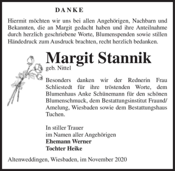 Traueranzeige von Margit Stannik (geb. Nittel)  von Magdeburger Volksstimme