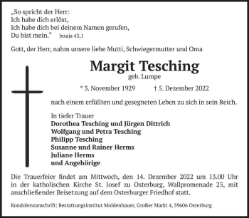 Traueranzeige von Margit Tesching (geb. Lumpe)  von Magdeburger Volksstimme