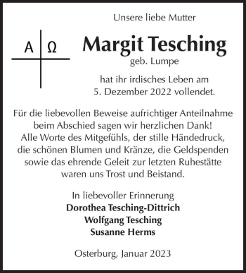 Traueranzeige von Margit Tesching (geb. Lumpe)  von Magdeburger Volksstimme