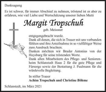 Traueranzeige von Margit Tropschuh (geb. Meissner)  von Magdeburger Volksstimme