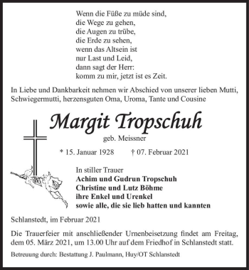 Traueranzeige von Margit Tropschuh (geb. Meissner)  von Magdeburger Volksstimme