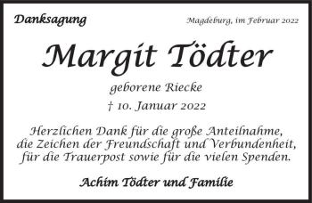Traueranzeige von Margit Tödter  von Magdeburger Volksstimme